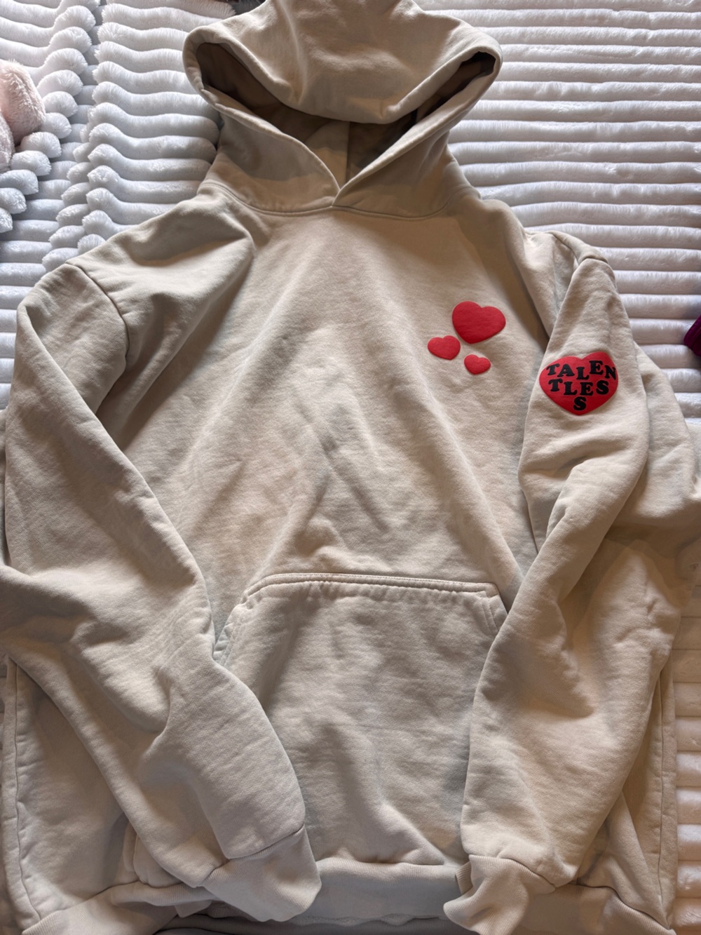 TALENTLESS Cream Hoodie with Red Heart Accents